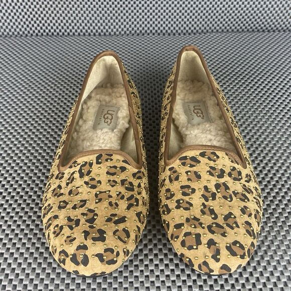 UGG Alloway Studded Ballet Flat Shoes 5 Brown Animal Print Leather Sheepskin - Picture 2 of 12